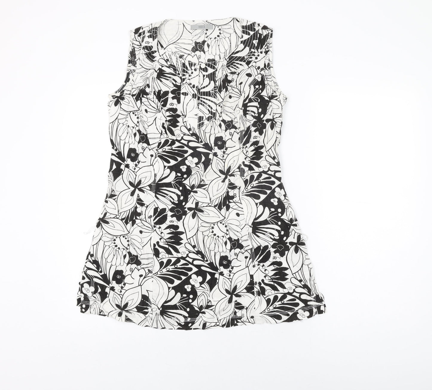 Marks and Spencer Womens White Floral Linen Basic T-Shirt Size 10 Round Neck