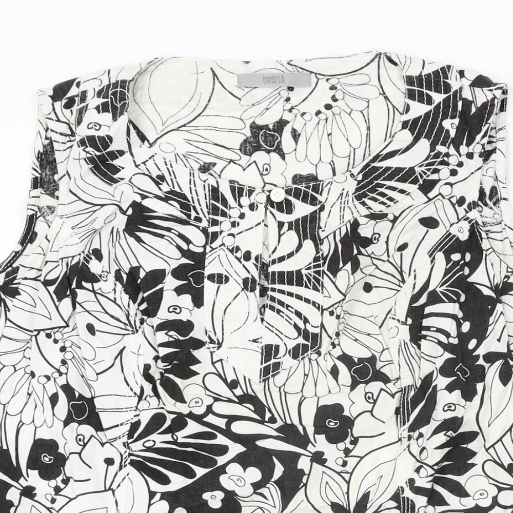 Marks and Spencer Womens White Floral Linen Basic T-Shirt Size 10 Round Neck