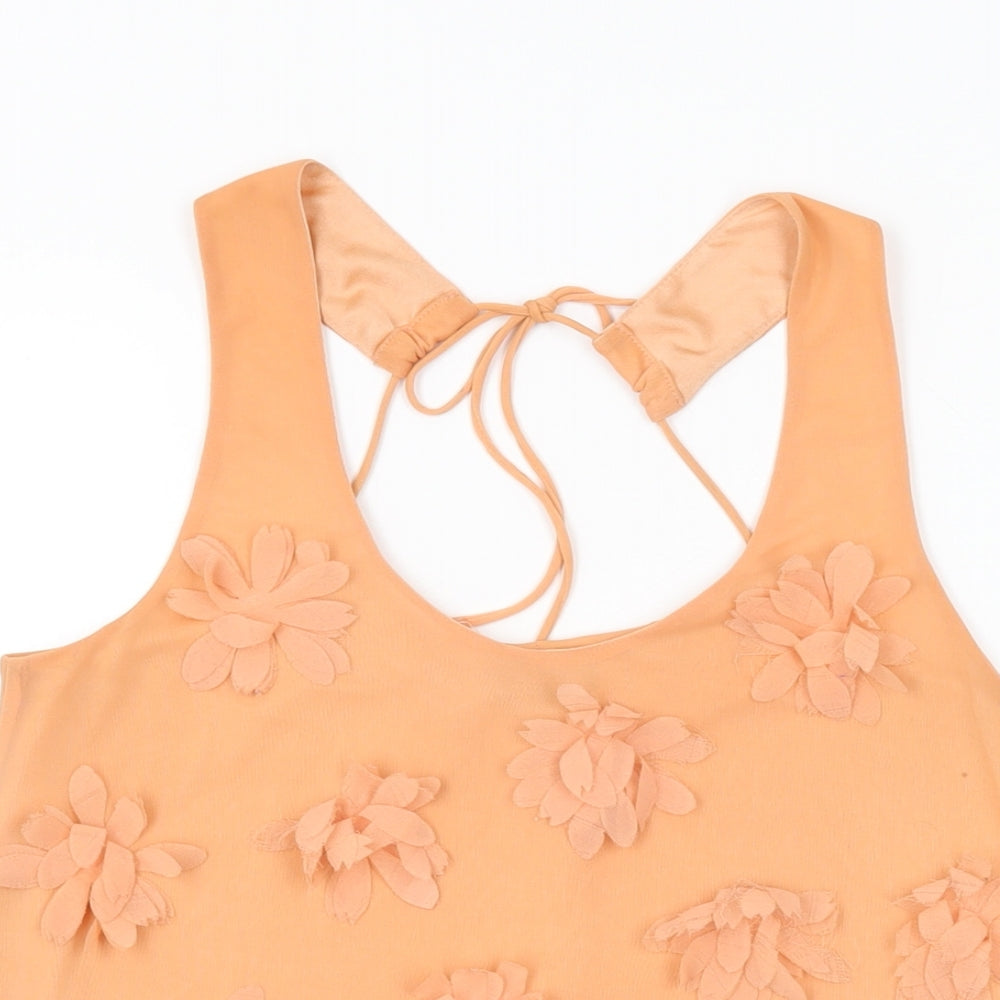 Topshop Womens Orange Floral Polyester Basic Blouse Size 8 Round Neck