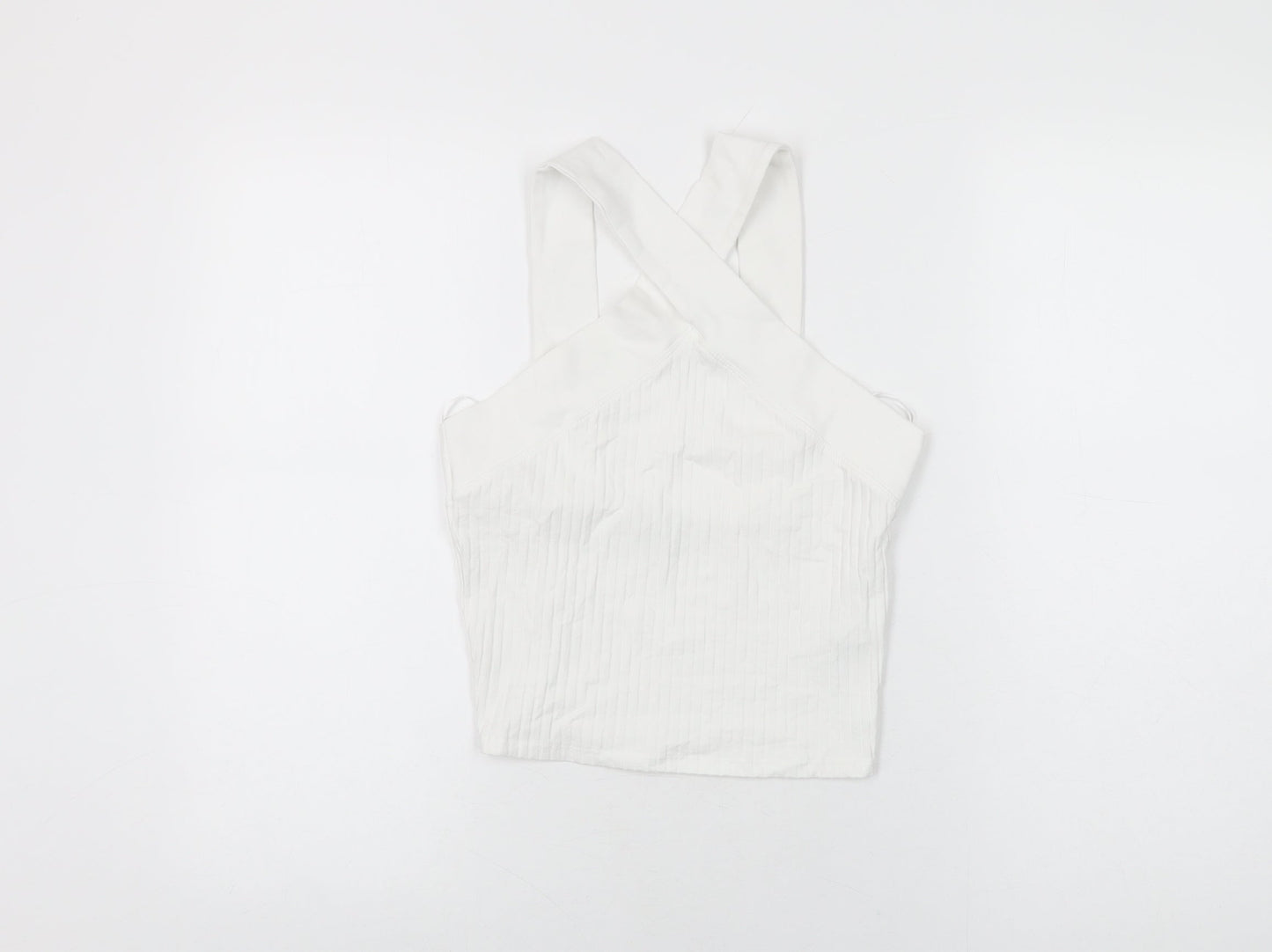 Zara Womens White Cotton Cropped T-Shirt Size M V-Neck