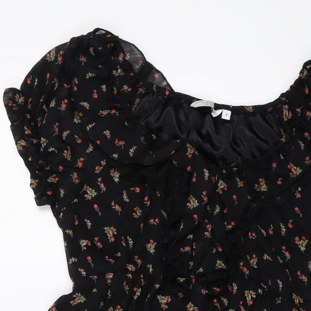 New Look Womens Black Floral Polyester A-Line Size 8 Round Neck Pullover