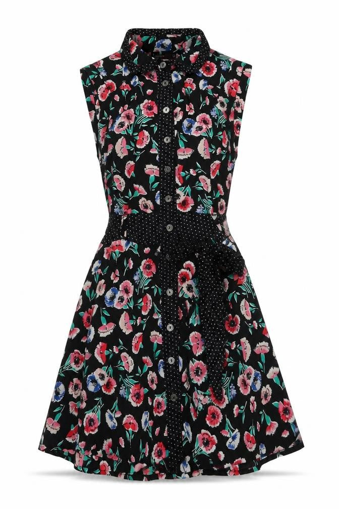 Front view of Miss Selfridge women’s black floral polyester a-line, size UK 8, collared button