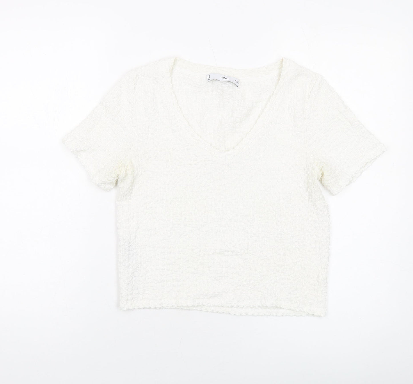 Mango Womens Ivory Polyester Cropped T-Shirt Size S Round Neck