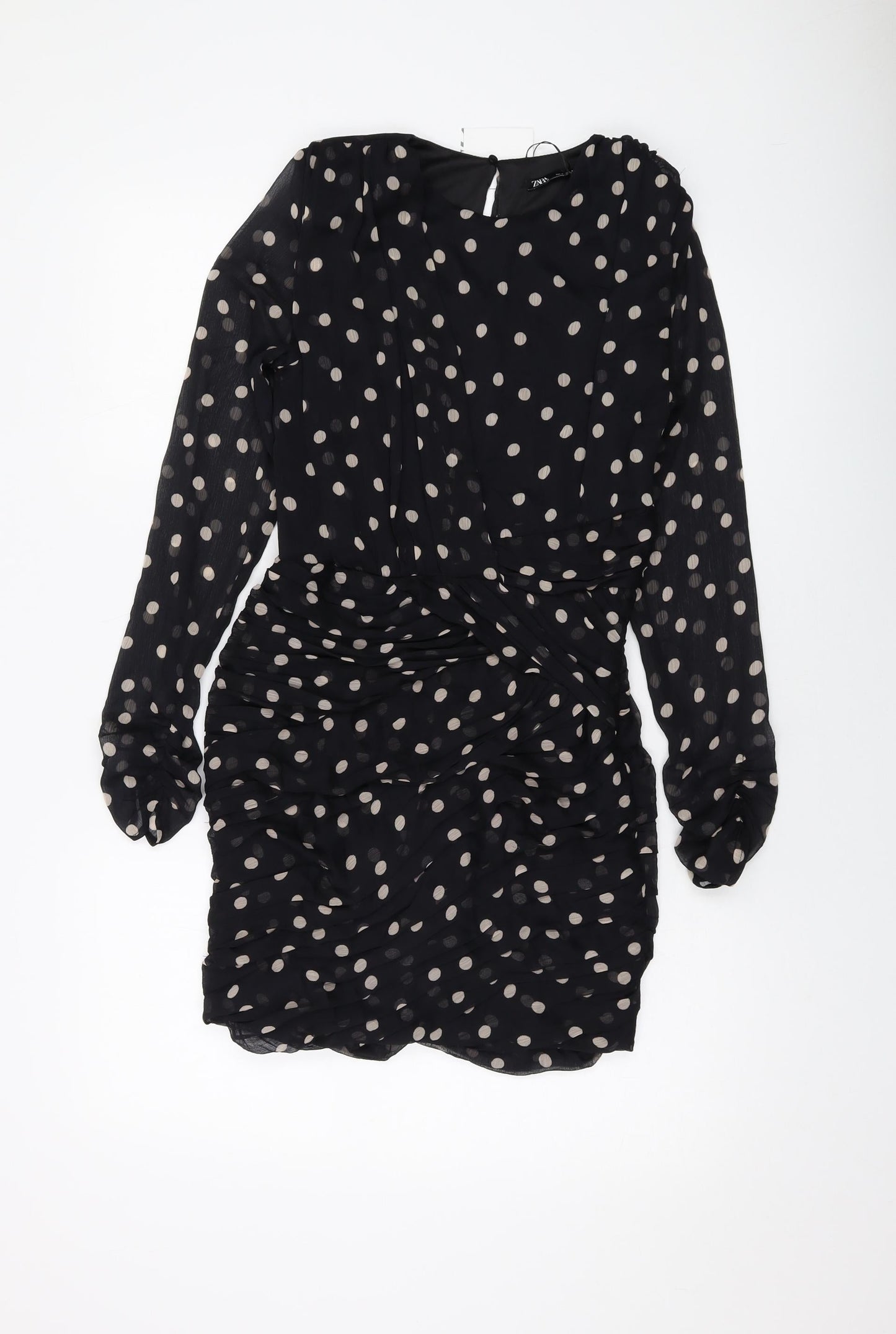 Zara Womens Beige Polka Dot Polyester Mini Size S Round Neck Button