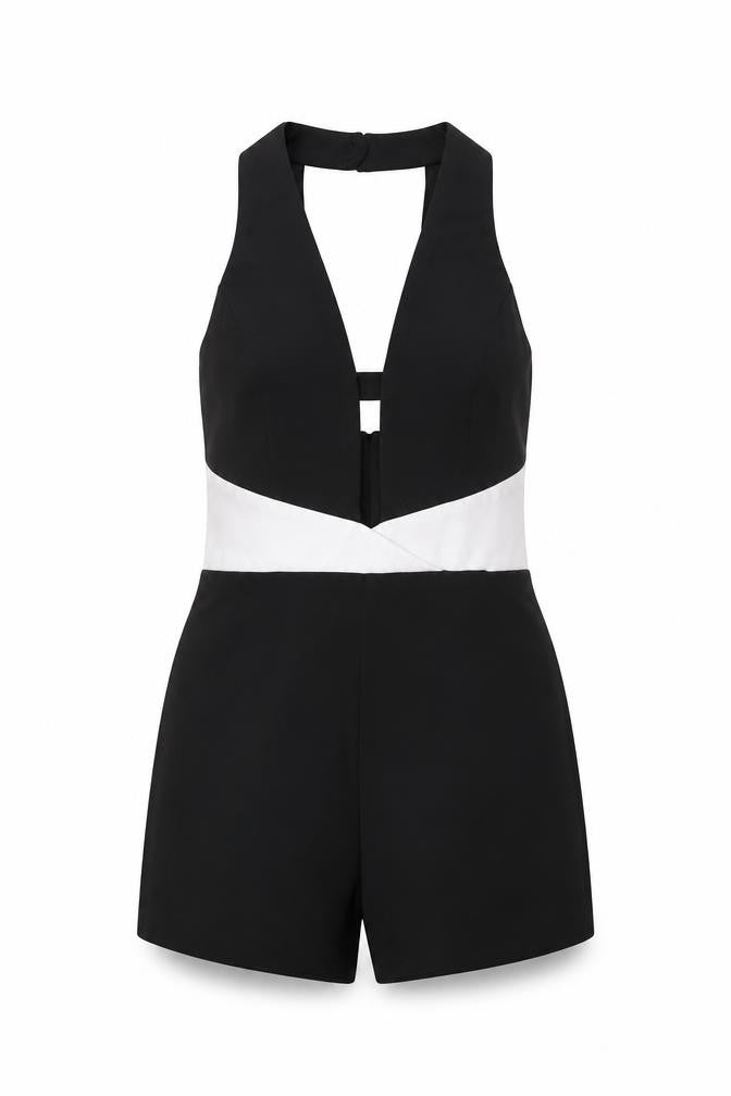 Front view of Miss Selfridge women’s black polyester playsuit one-piece, size UK 8, zip
