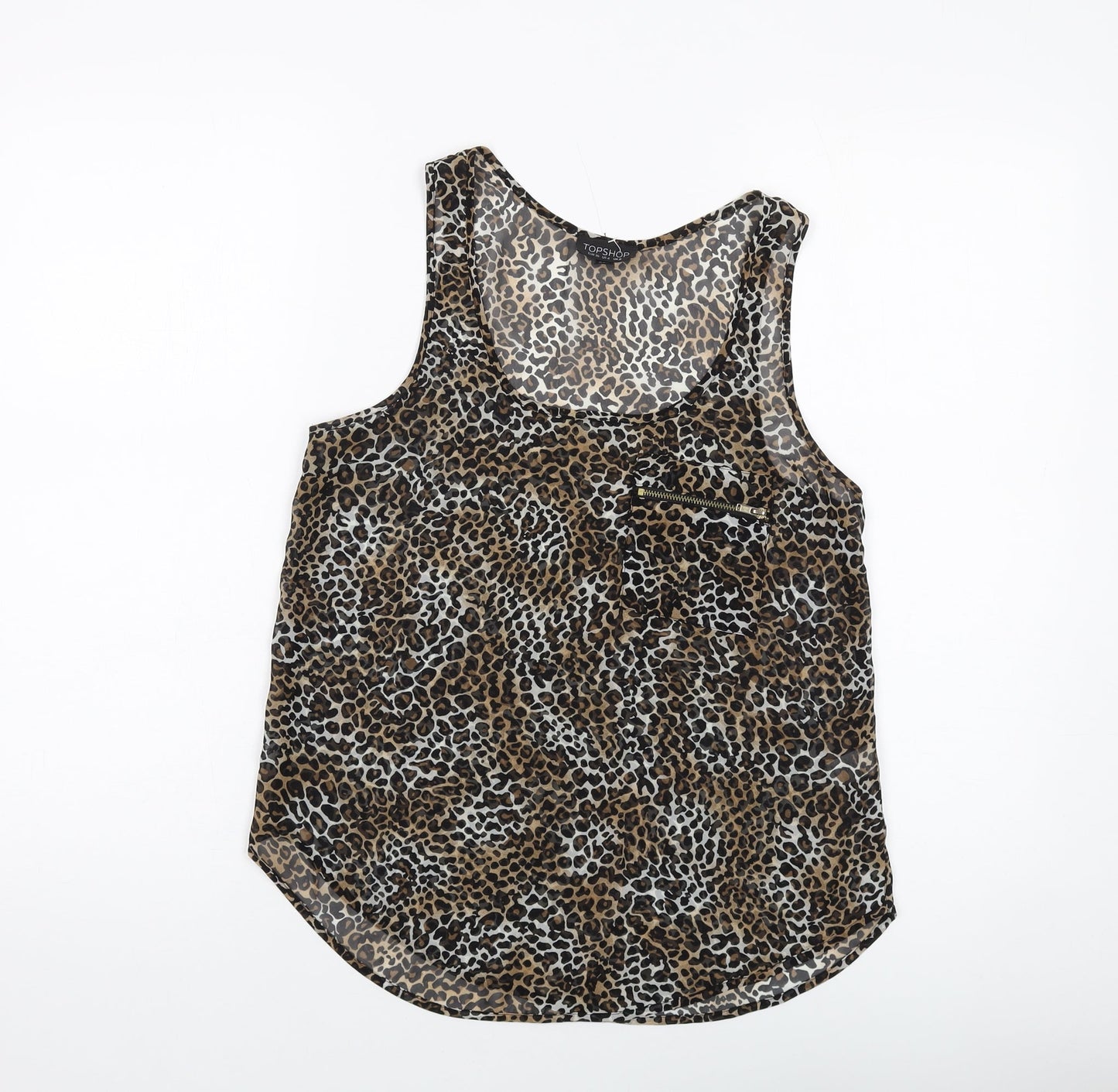 Topshop Womens Brown Animal Print Polyester Basic Tank Size 8 Round Neck