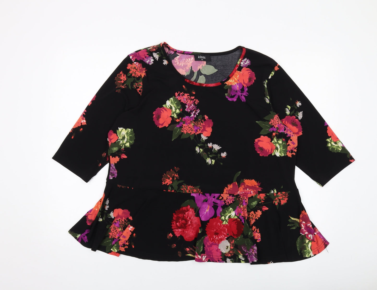 Klass Womens Black Floral Polyester Basic Blouse Size 2XL Round Neck