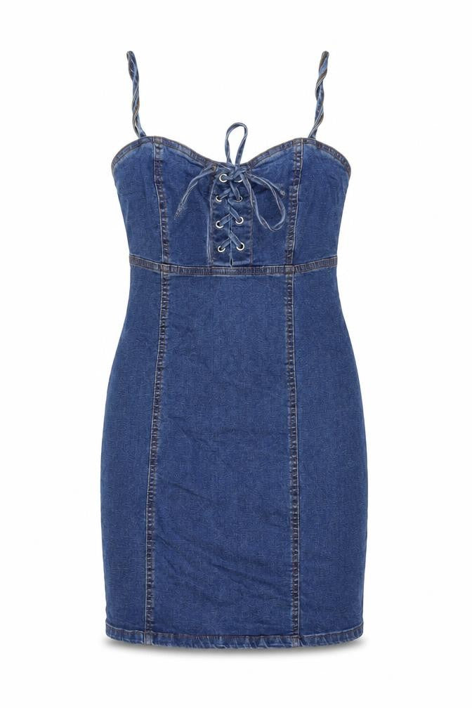 Front view of Denim & Co. women’s blue cotton mini, size UK 8, sweetheart zip