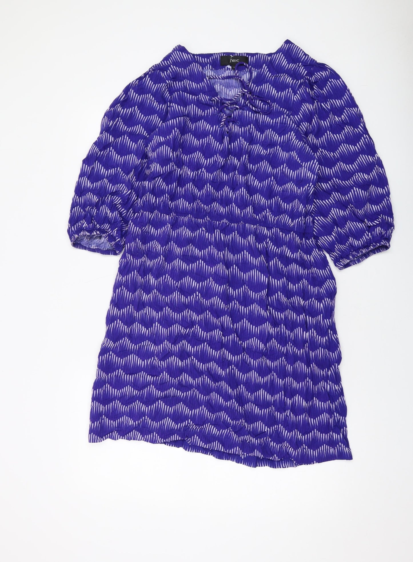 NEXT Womens Blue Geometric Viscose A-Line Size 12 V-Neck Tie