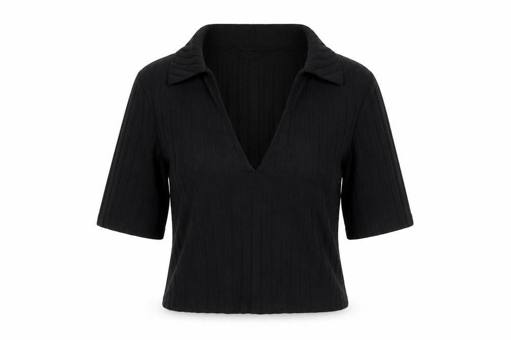 Front view of Miss Selfridge women’s black polyester cropped blouse, size UK 10, collared - ribbed