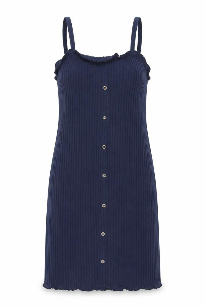 Front view of ASOS women’s blue polyester shift, size UK 12, square neck pullover - ribbed button detail frill