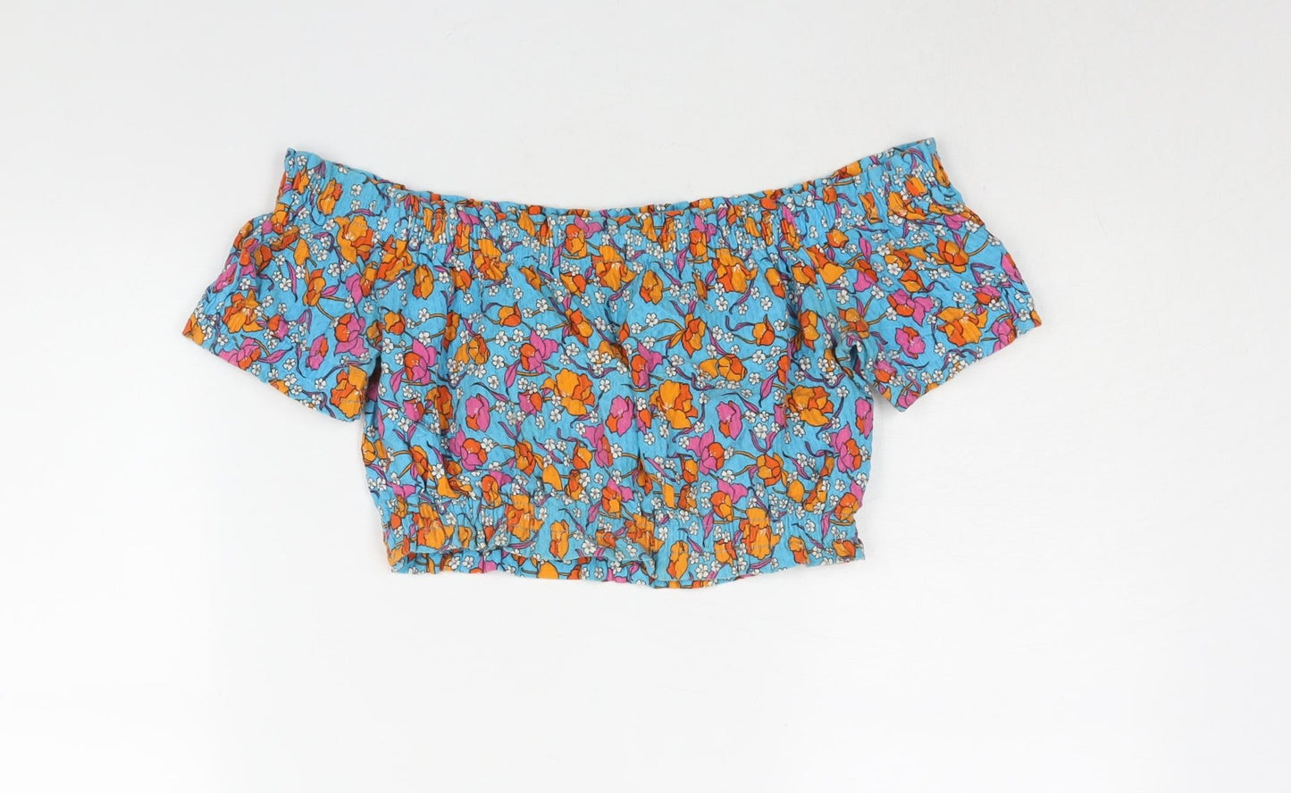 Topshop Womens Blue Floral Cotton Cropped Blouse Size 10 Boat Neck - Rouched