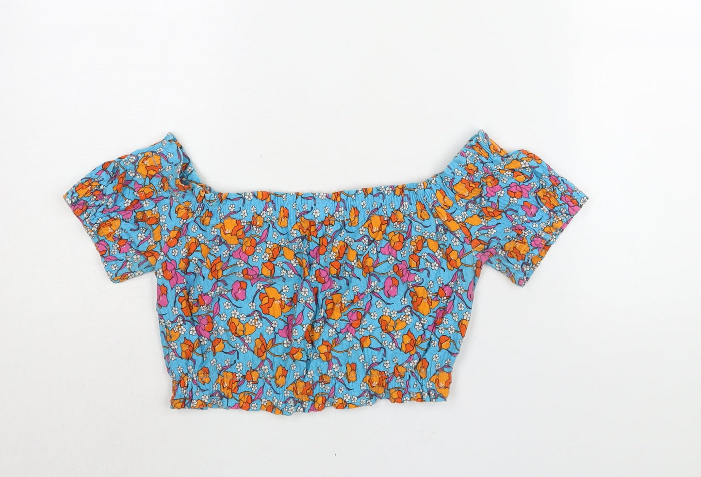 Topshop Womens Blue Floral Cotton Cropped Blouse Size 10 Boat Neck - Rouched