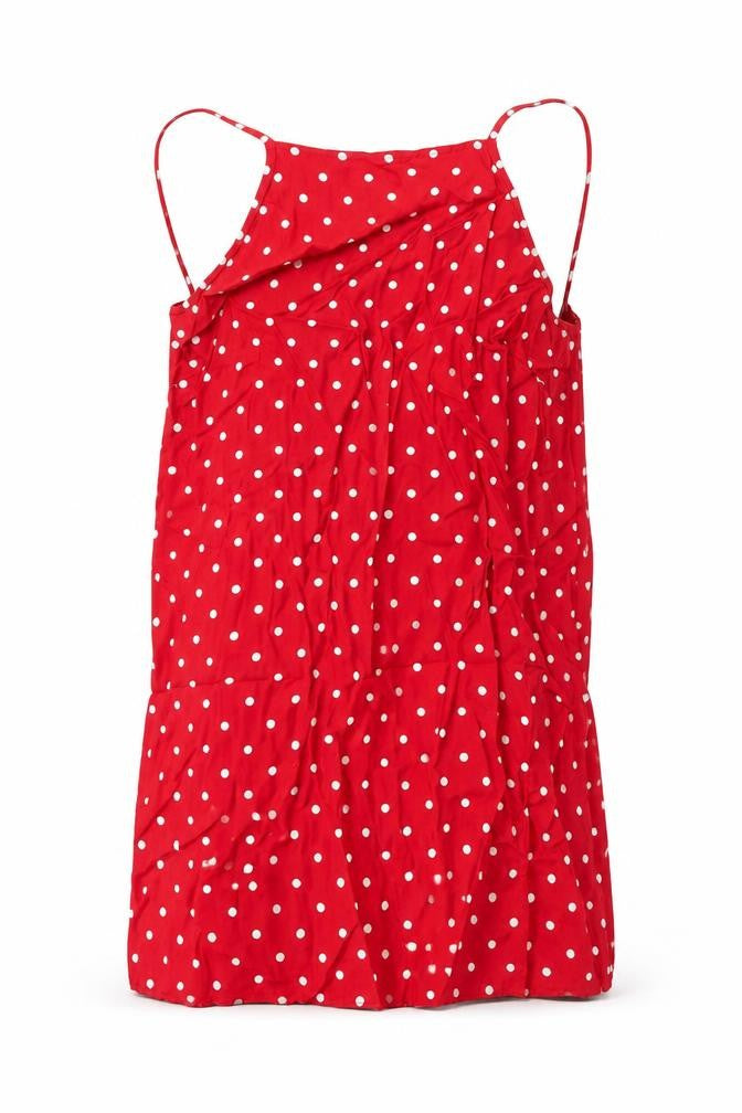 Front view of ASOS women’s red polka dot viscose mini, size UK 10, square neck tie