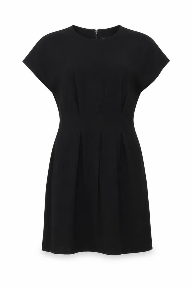Front view of ASOS women’s black polyester a-line, size UK 8, round neck zip - pleat detail