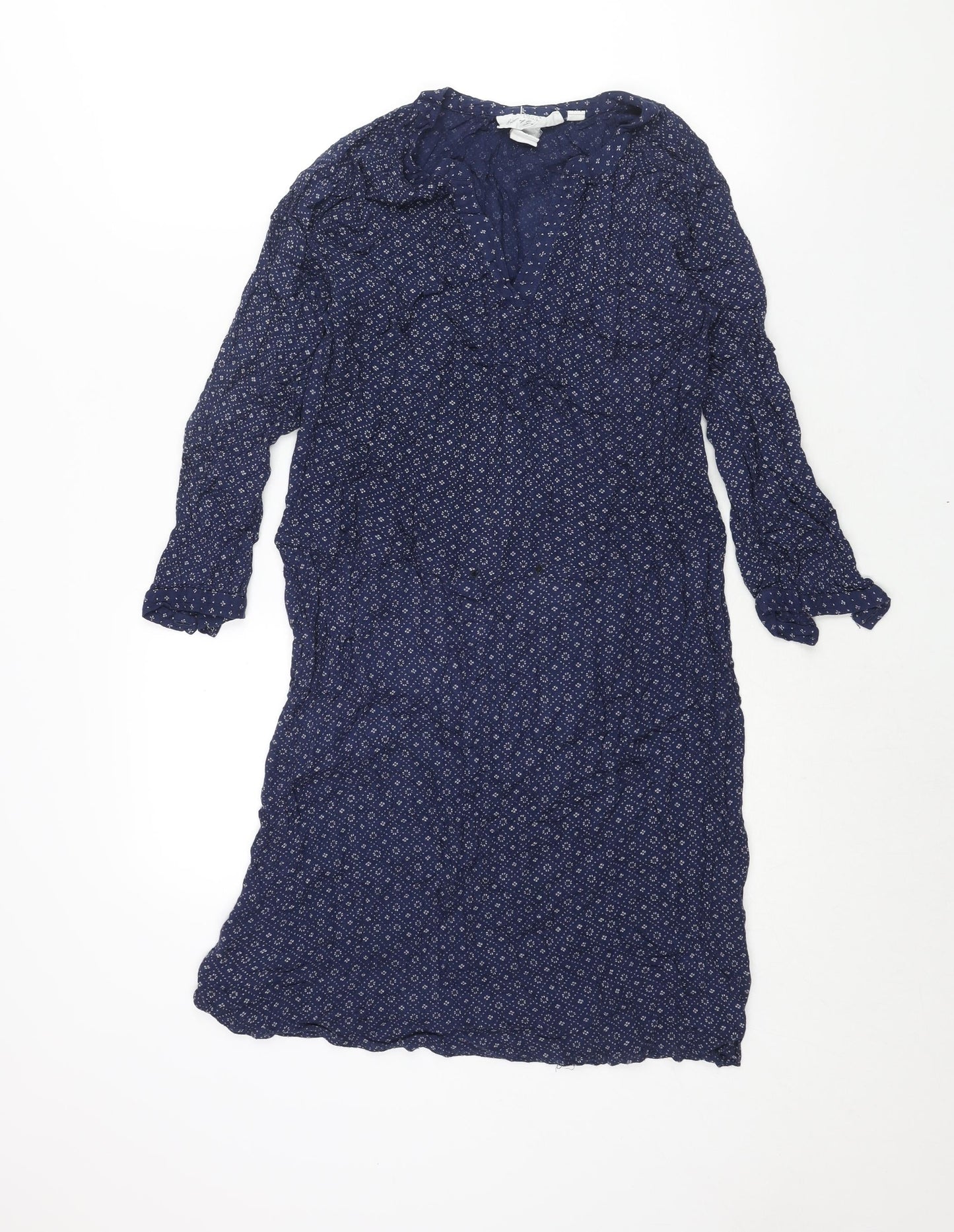 H&M Womens Blue Geometric Viscose Shift Size 10 V-Neck Button