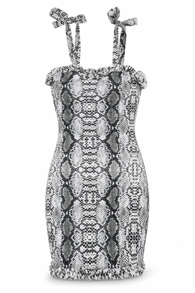 PRETTYLITTLETHING Womens Grey Animal Print Polyester Bodycon Size 8 Square Neck Tie - Frill Snakeskin Print