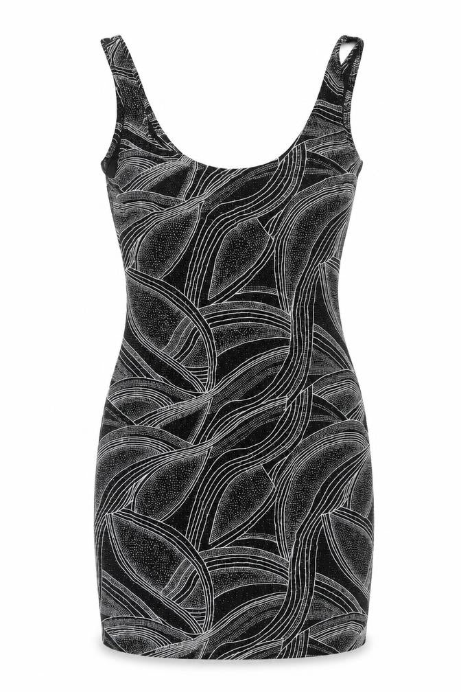 Front view of Miss Selfridge women’s black geometric polyester mini, size UK 8, scoop neck pullover - glitter