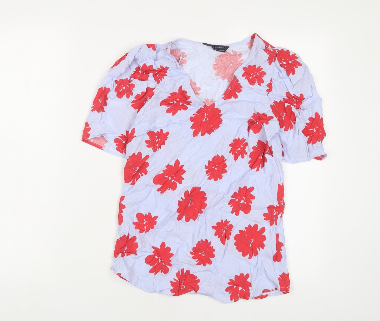 Marks and Spencer Womens Blue Floral Viscose Basic T-Shirt Size 6 Crew Neck