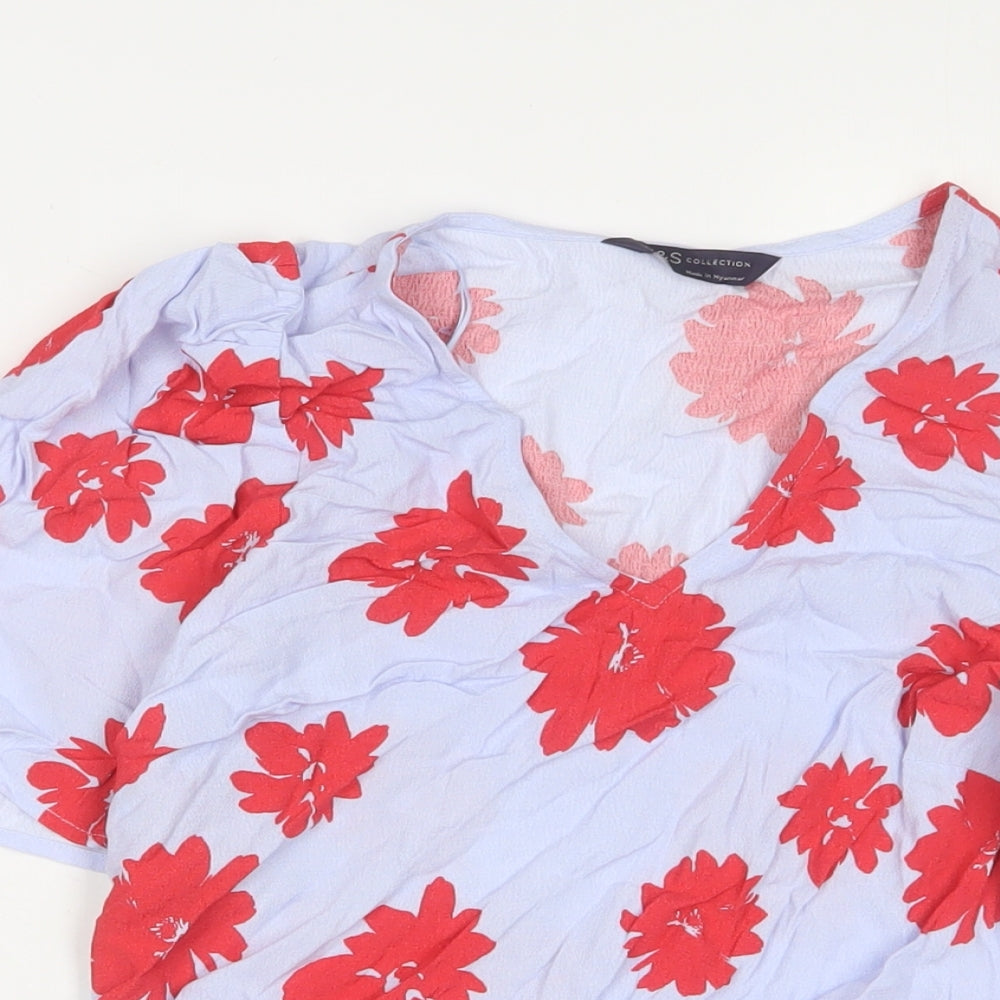 Marks and Spencer Womens Blue Floral Viscose Basic T-Shirt Size 6 Crew Neck
