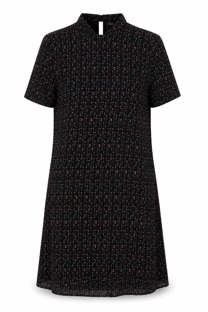 Front view of JDY women’s black geometric polyester a-line, size UK 12, round neck button