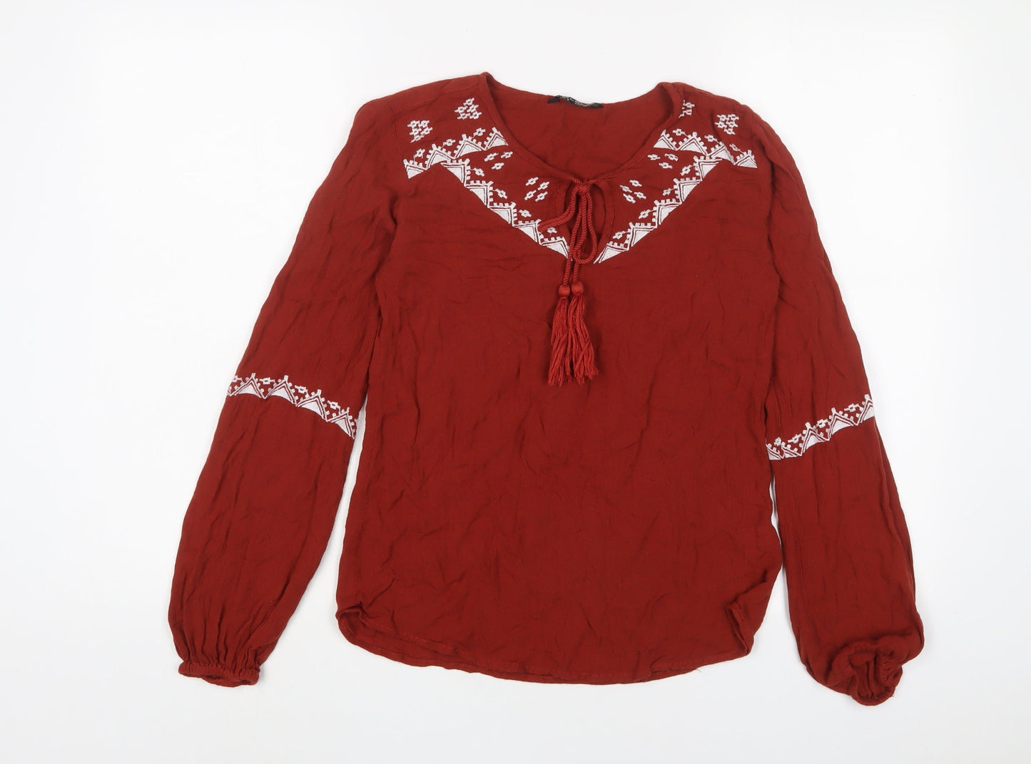 Select Womens Brown Cotton Basic Blouse Size 6 Crew Neck - Embroidered