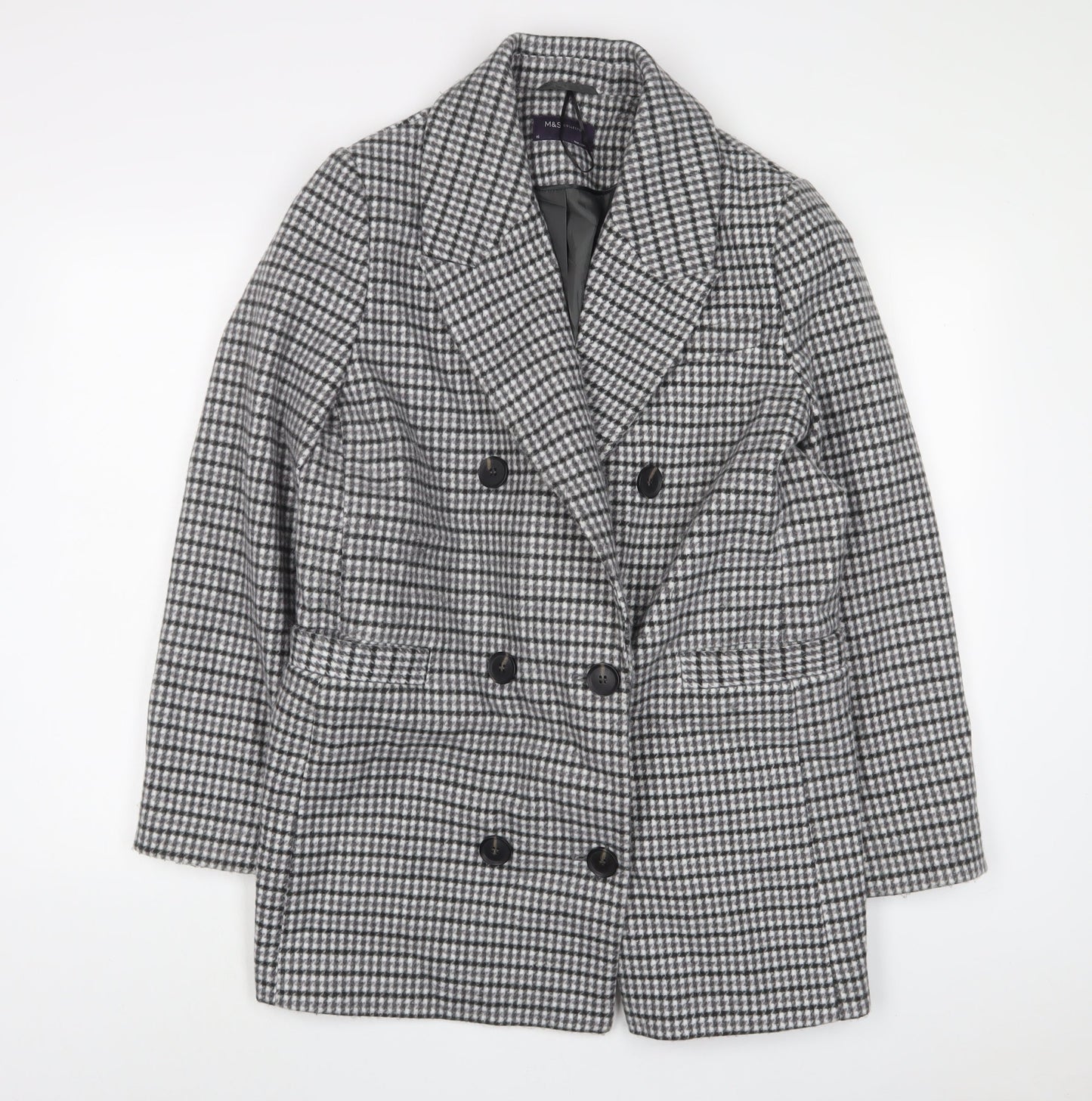 Marks and Spencer Womens Grey Plaid Overcoat Coat Size 16 Button
