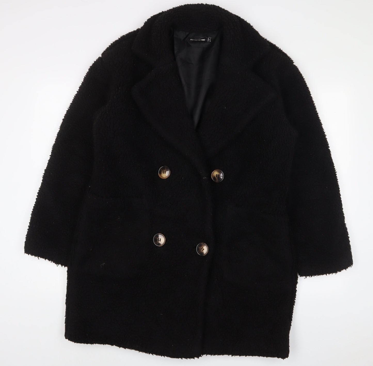 PRETTYLITTLETHING Womens Black Overcoat Coat Size 18 Button