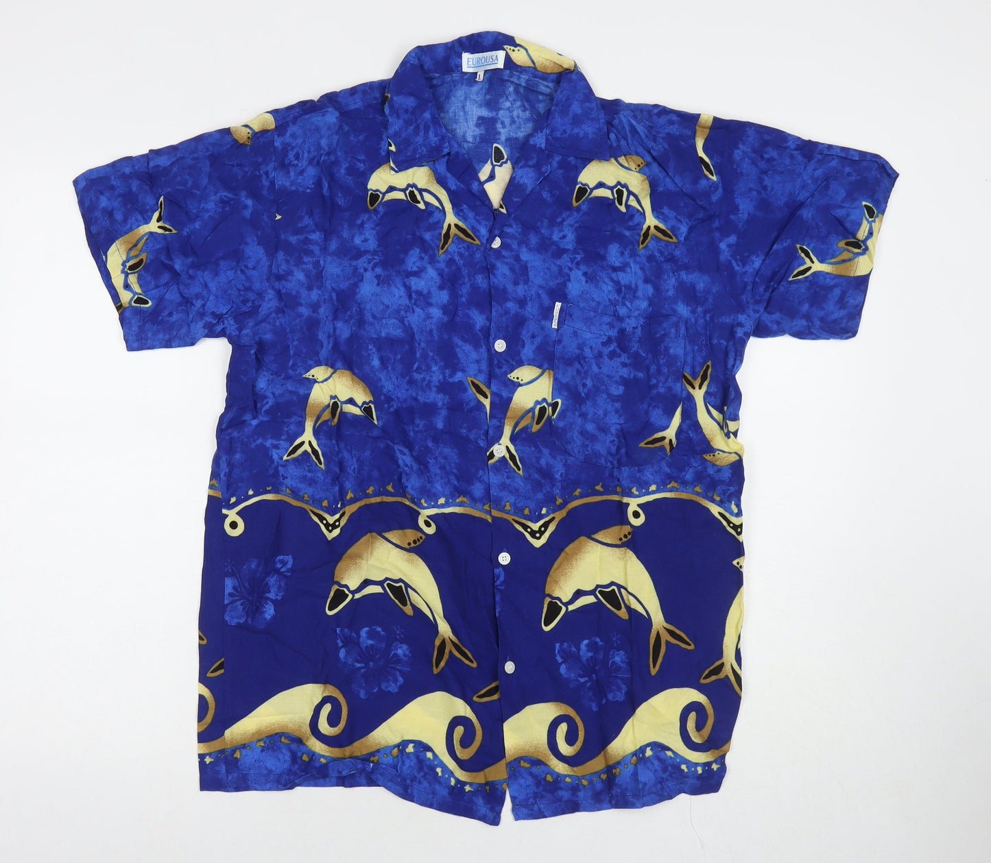 Eurousa Womens Blue Geometric Polyester Basic Button-Up Size L Collared - Dolphins