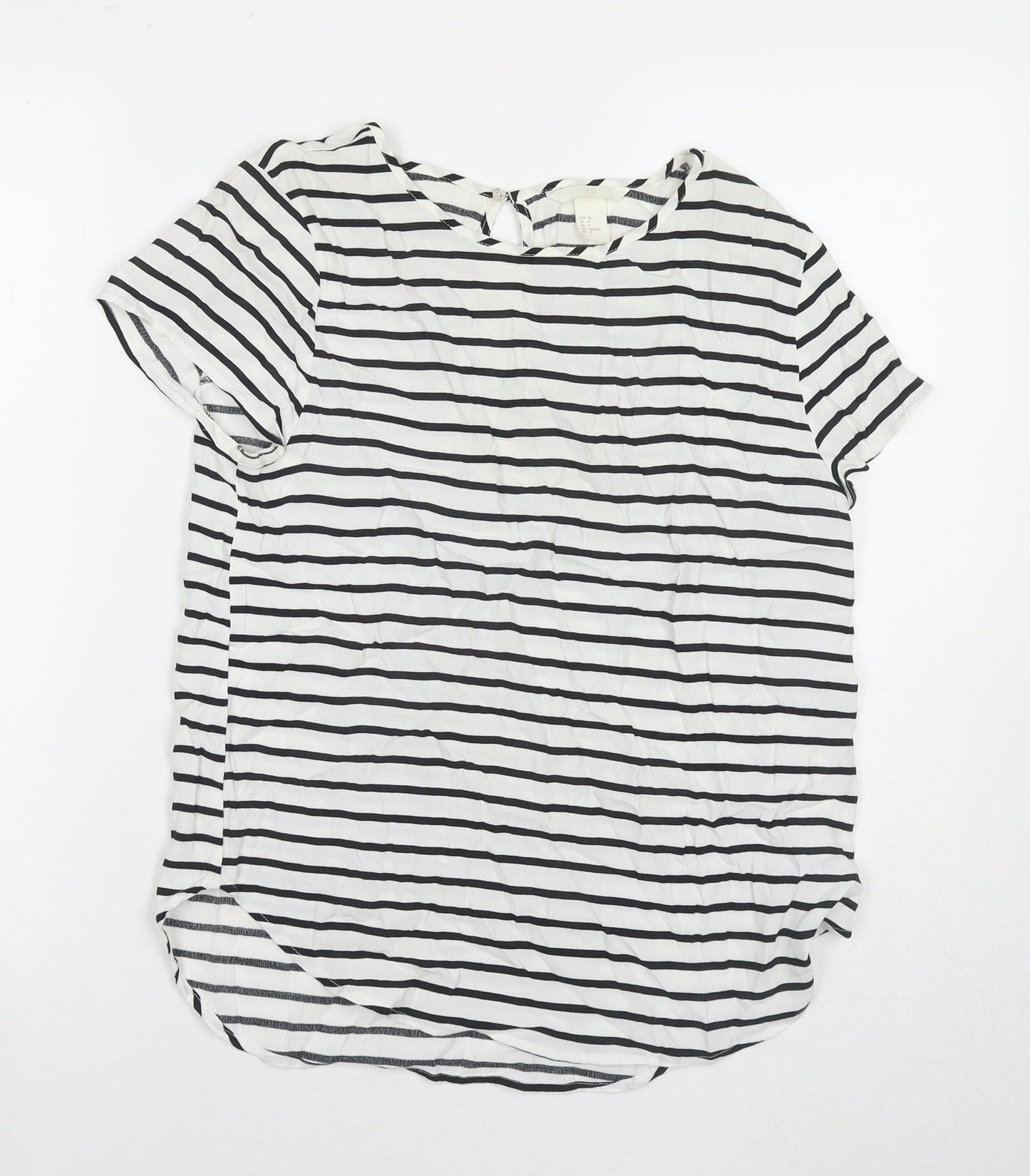 H&M Womens White Striped Viscose Basic T-Shirt Size 8 Round Neck