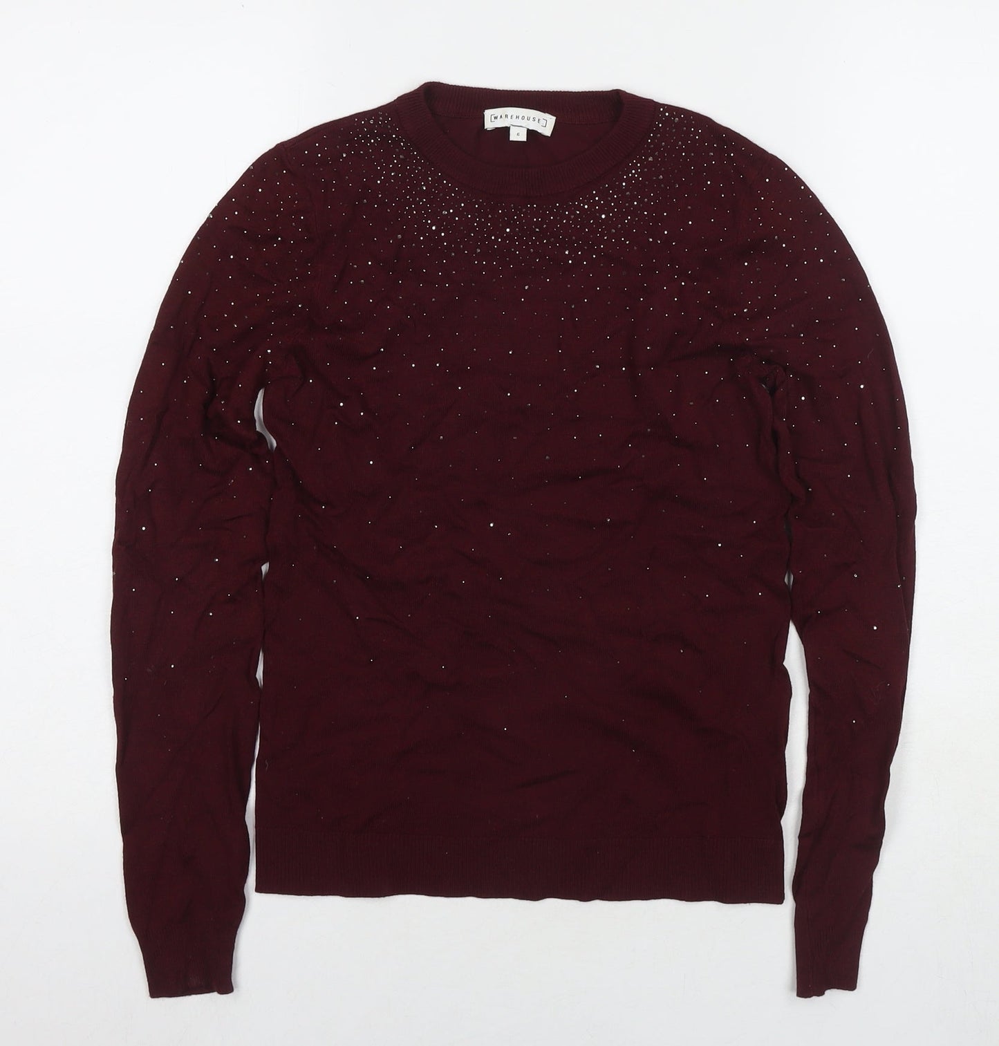 Warehouse Womens Red Round Neck Viscose Pullover Jumper Size 6 - Embellishment Detail
