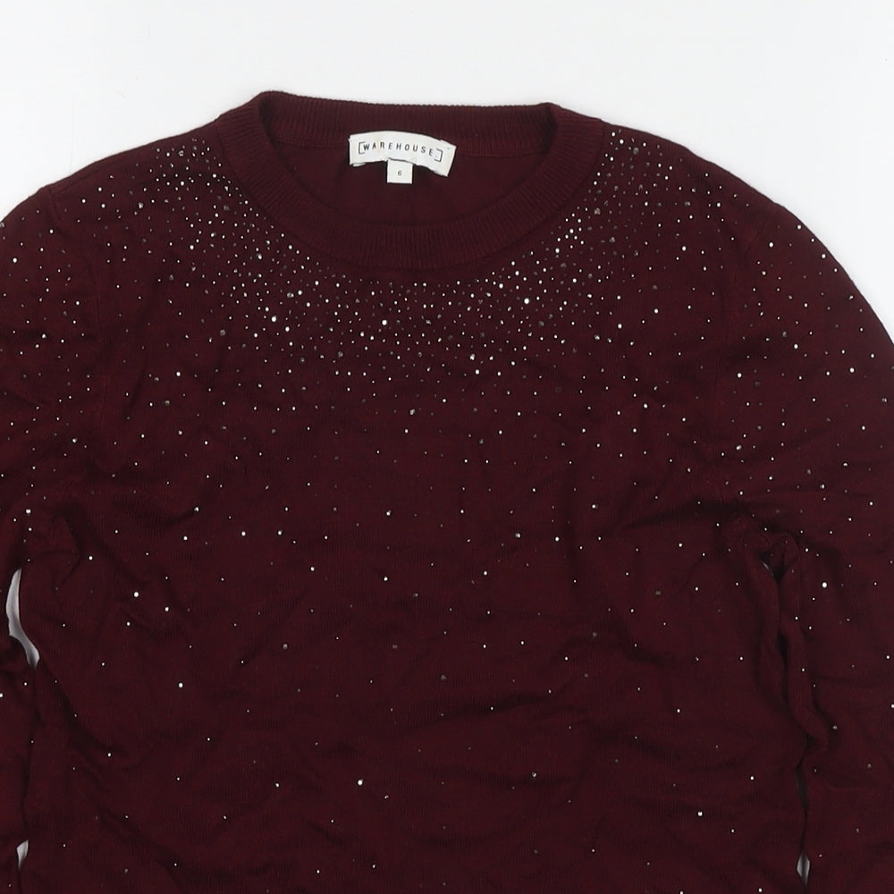 Warehouse Womens Red Round Neck Viscose Pullover Jumper Size 6 - Embellishment Detail