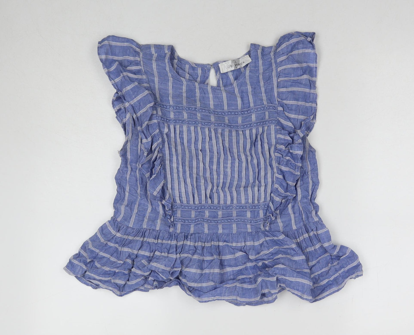 Lost Stock Womens Blue Striped Cotton Basic T-Shirt Size S Round Neck