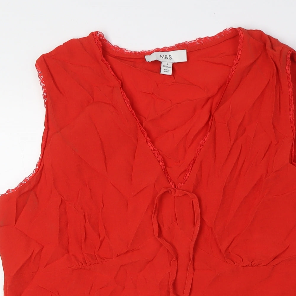 Marks and Spencer Womens Red Viscose Basic Button-Up Size 14 V-Neck - Lace Trim