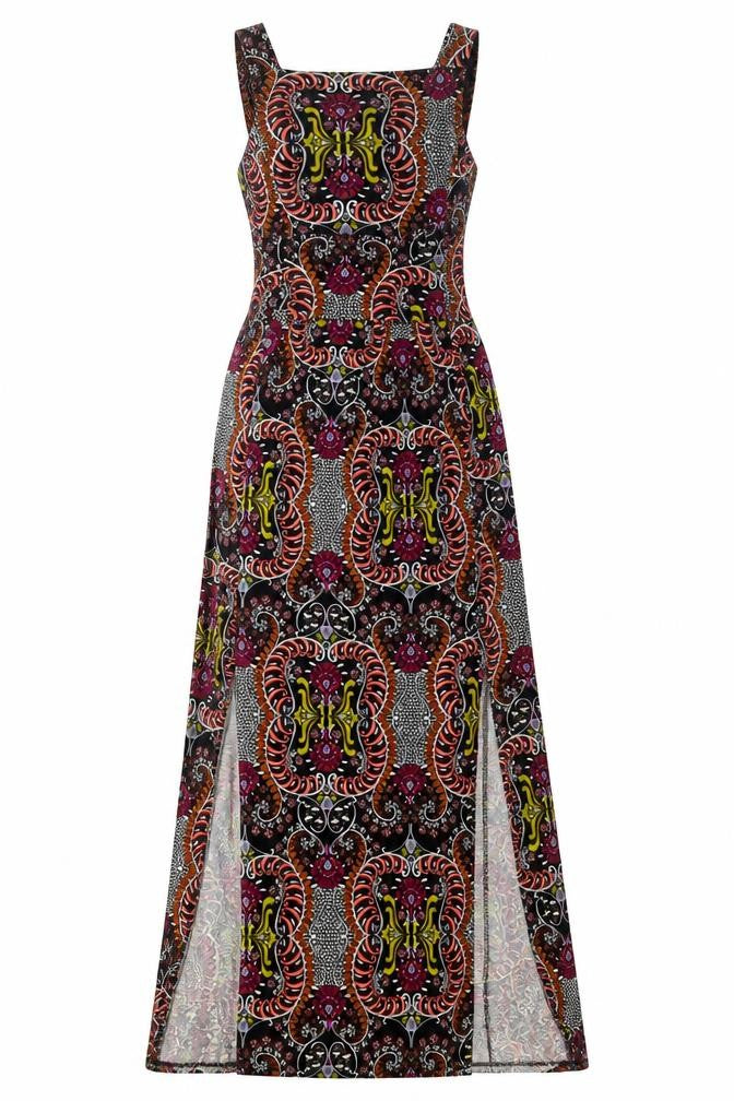 Front view of Miss Selfridge women’s multicoloured viscose a-line, size UK 10, square neck