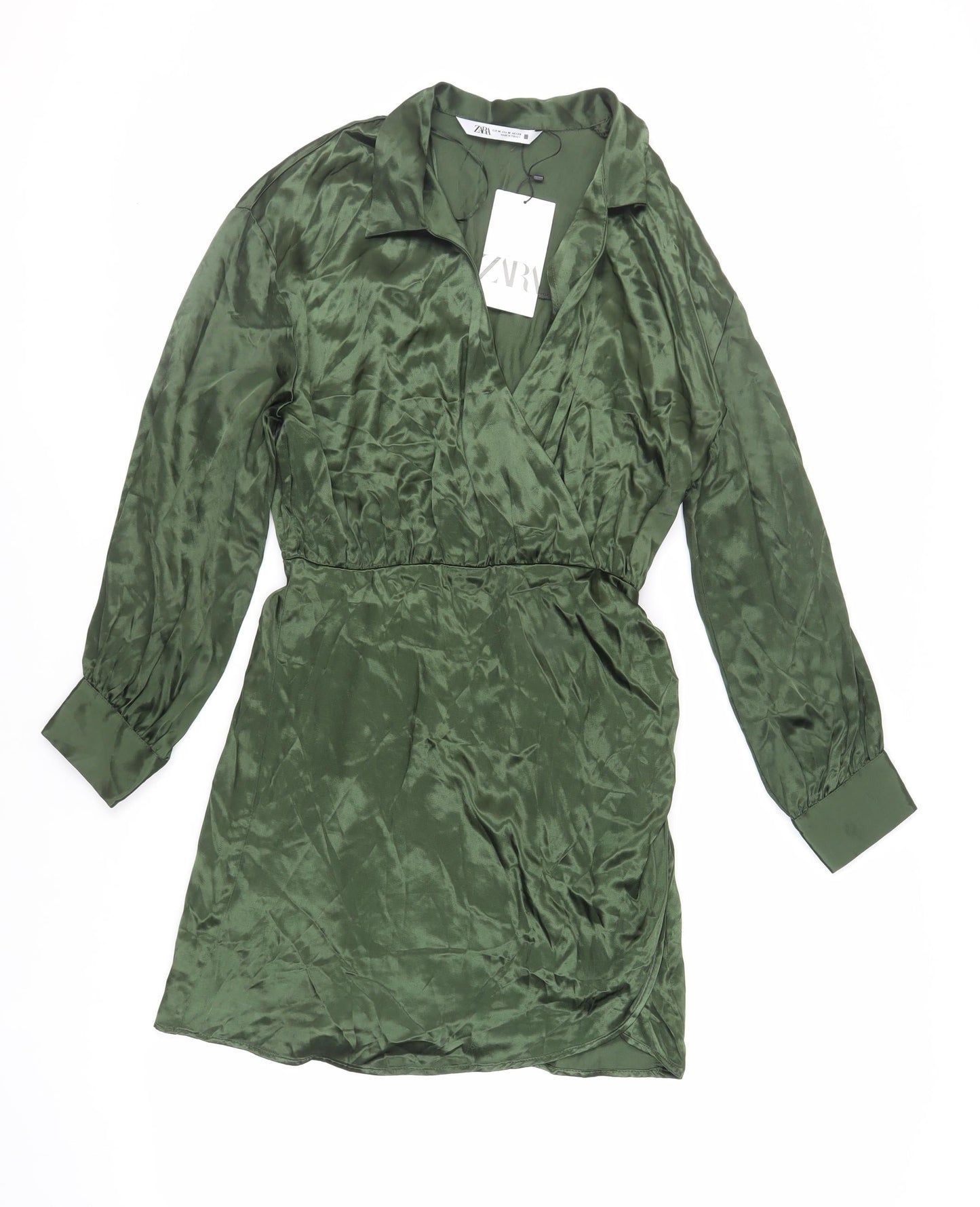 Zara Womens Green Viscose Shirt Dress Size M Collared Zip