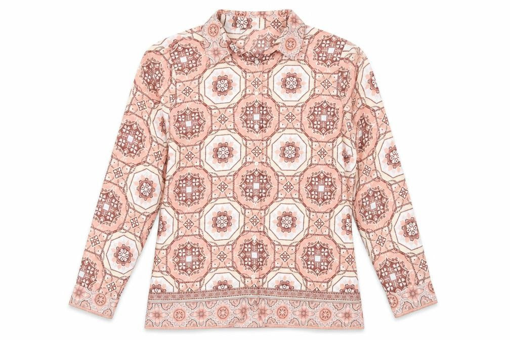 Marks and Spencer Womens Pink Geometric Polyester Basic Button-Up Size 14 Collared - Mosaic Print