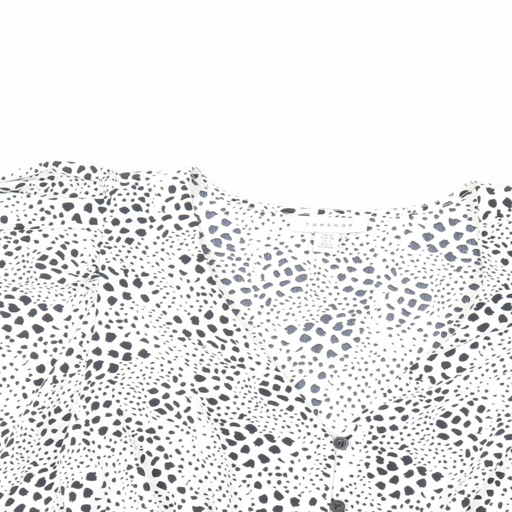 Topshop Womens White Animal Print Polyester Basic Button-Up Size 10 V-Neck
