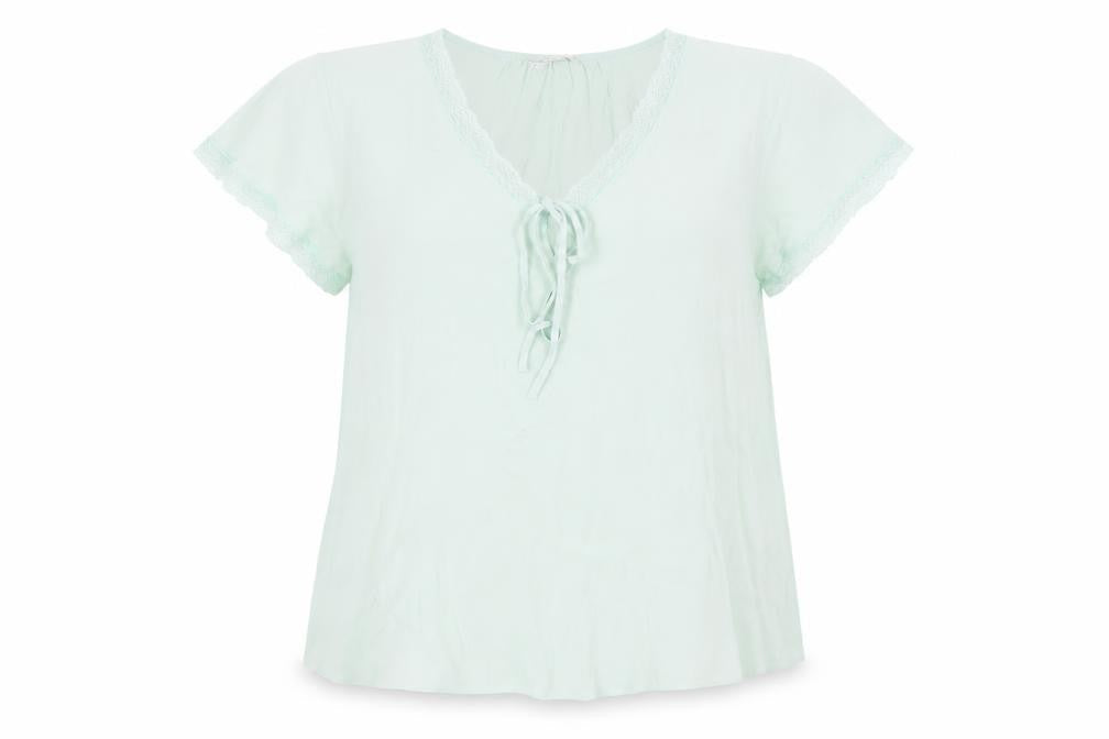 Marks and Spencer Womens Green Viscose Basic Blouse Size 14 V-Neck - Lace Trim