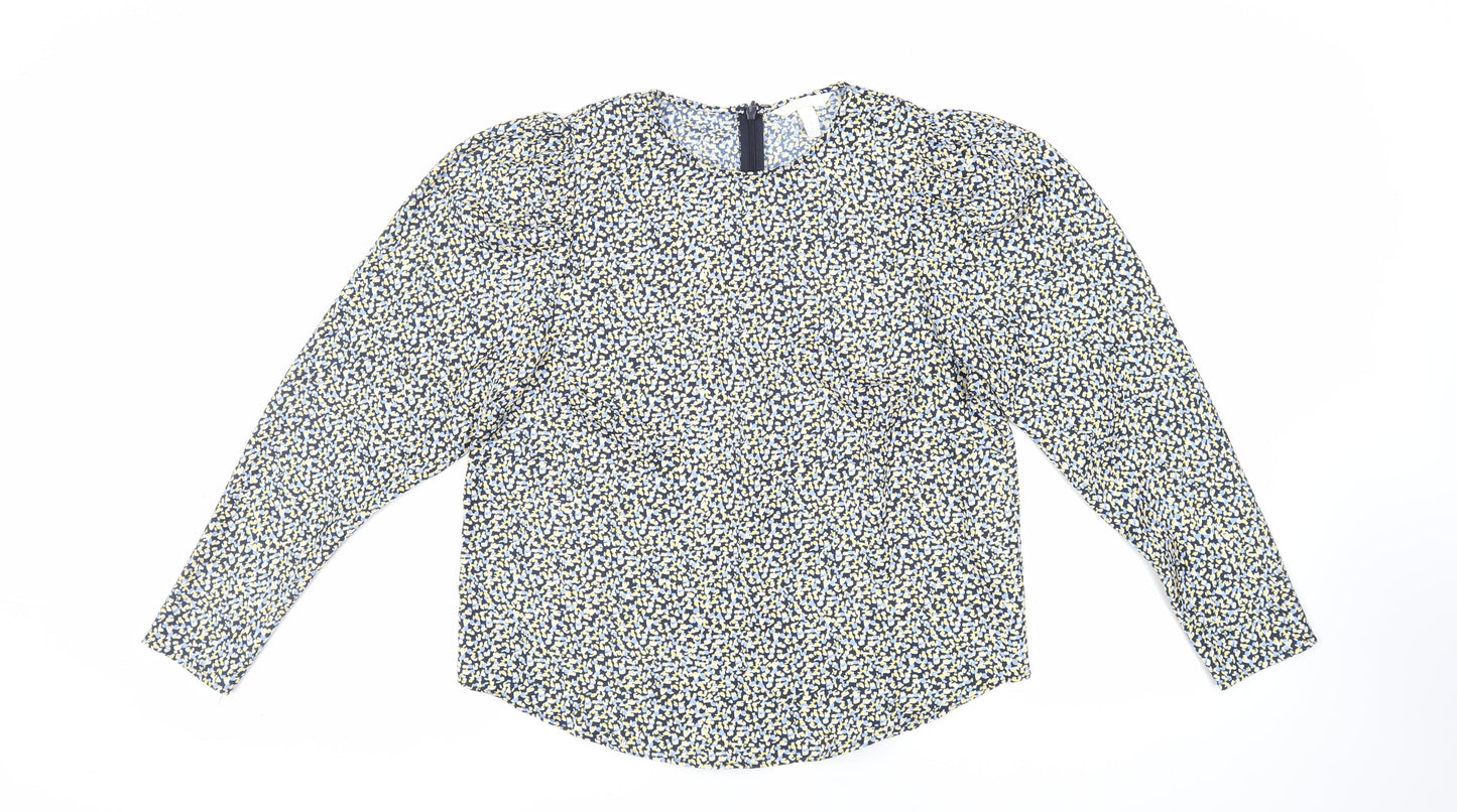 H&M Womens Blue Animal Print Polyester Basic Blouse Size M Round Neck