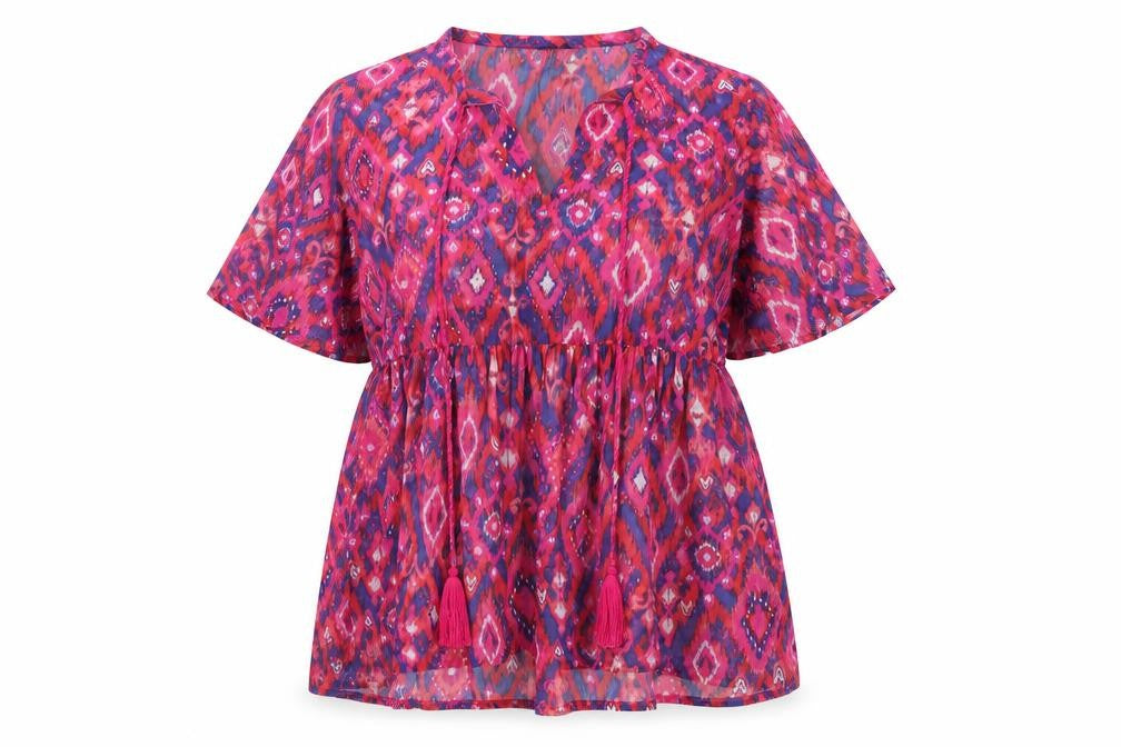Front view of Kaleidoscope women’s pink geometric polyester basic blouse, size UK 14, v-neck - sheer