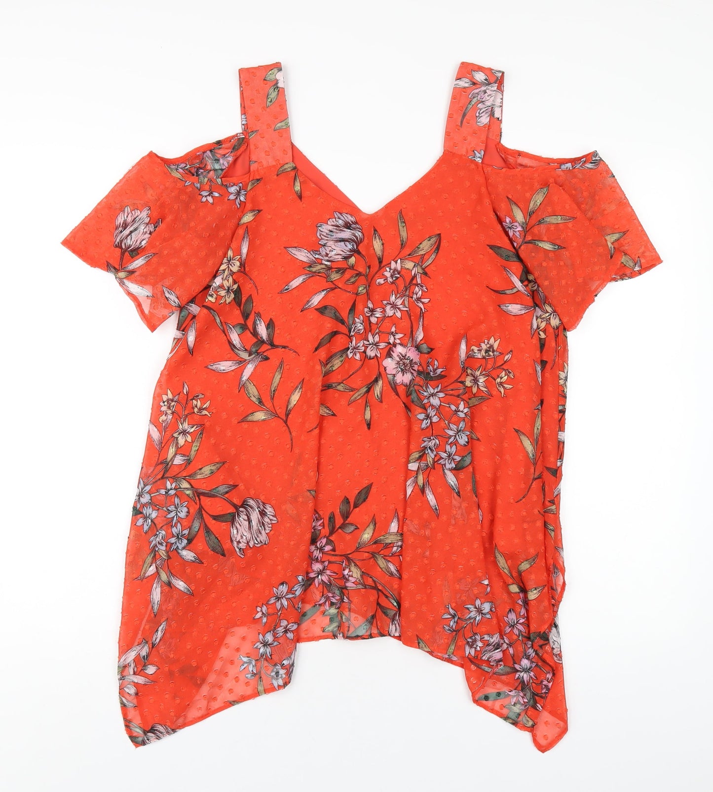 Roman Womens Red Floral Polyester Basic T-Shirt Size 10 V-Neck