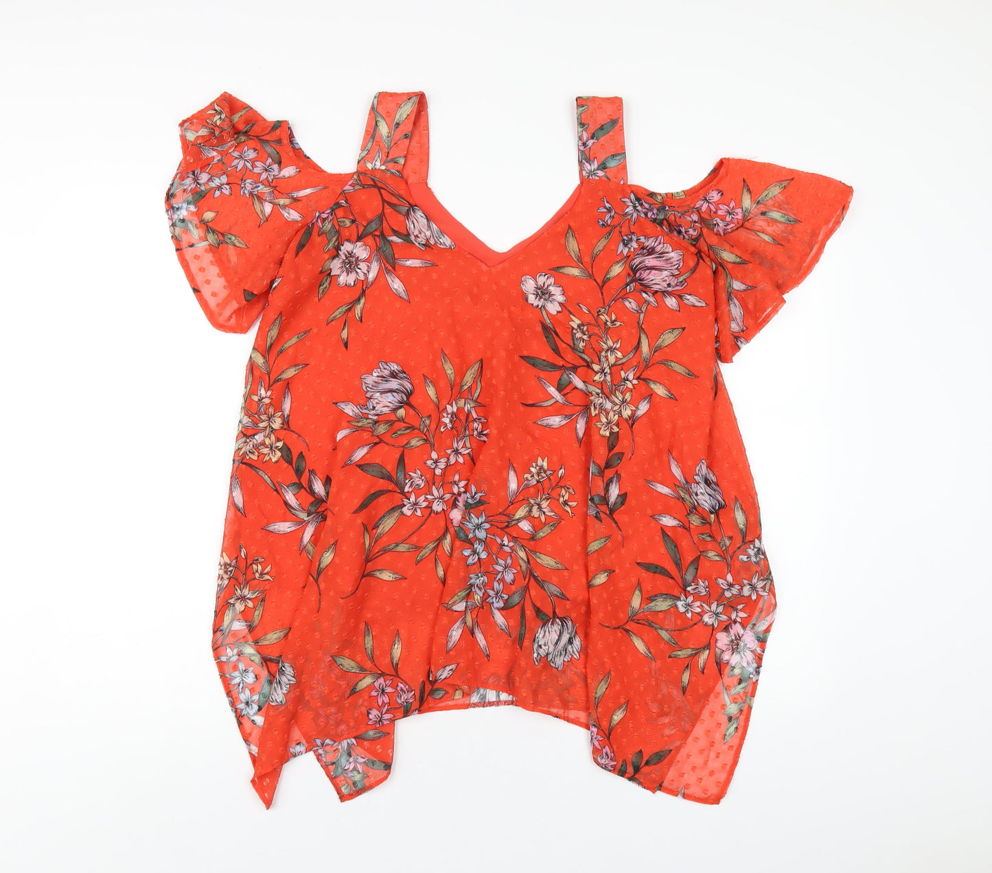 Roman Womens Red Floral Polyester Basic T-Shirt Size 10 V-Neck