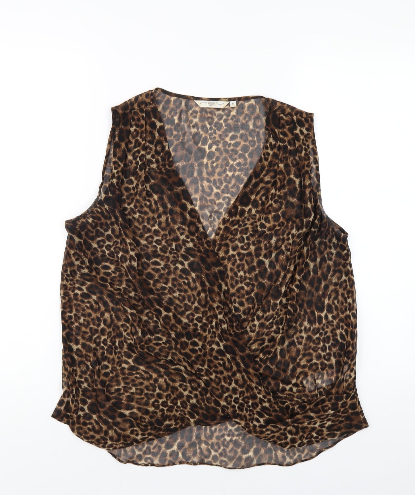 New Look Womens Brown Animal Print Polyester Basic Blouse Size 14 V-Neck - Leopard Print