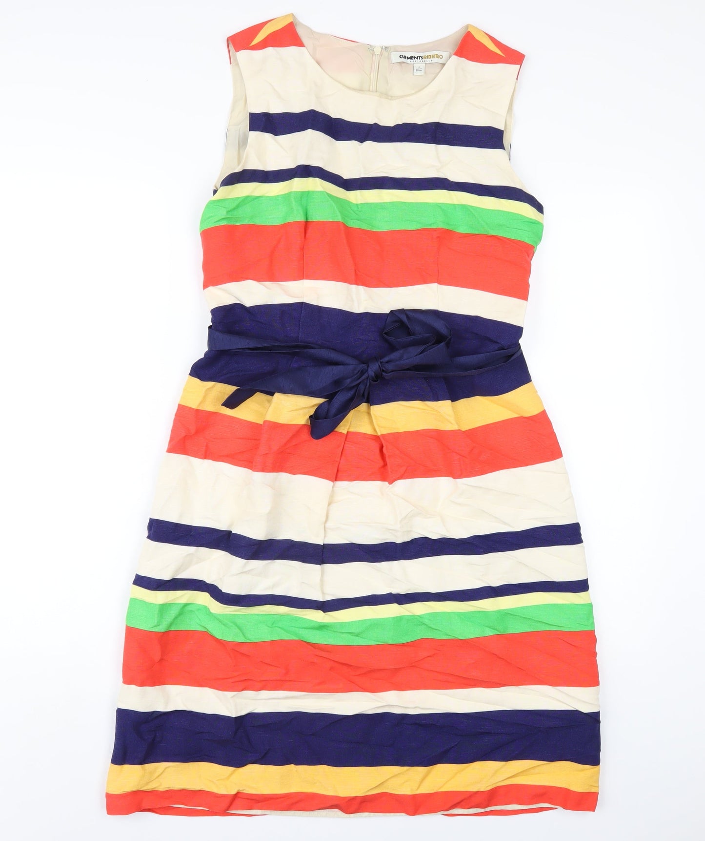 Clements Ribeiro Womens Multicoloured Striped Linen A-Line Size 10 Round Neck Zip