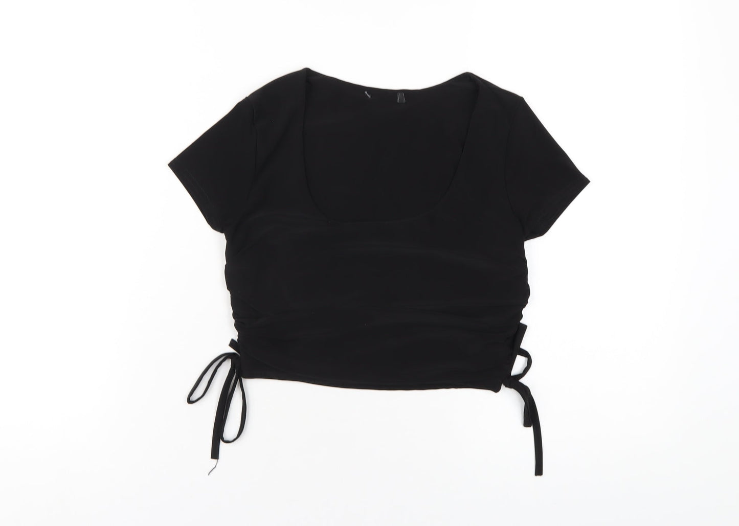 Boohoo Womens Black Polyester Cropped T-Shirt Size 10 Scoop Neck