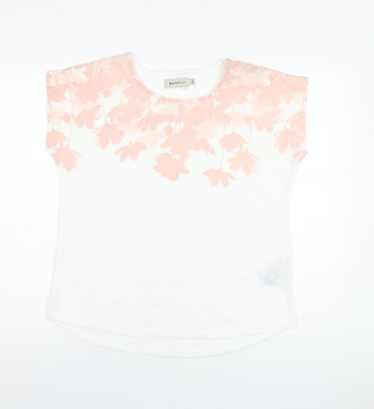 BASSINI Womens White Floral Polyester Basic T-Shirt Size 14 Round Neck