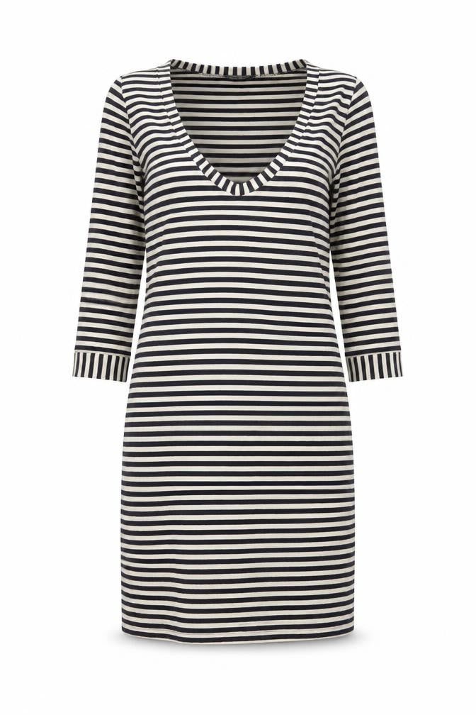 Front view of French Connection women’s blue striped lyocell bodycon, size UK 12, scoop neck pullover