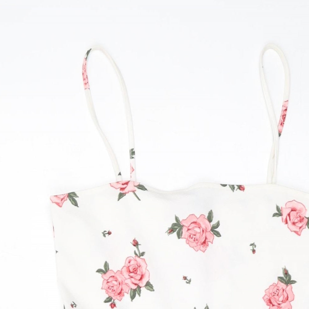 H&, Womens White Floral Polyester Mini Size 12 Square Neck Pullover