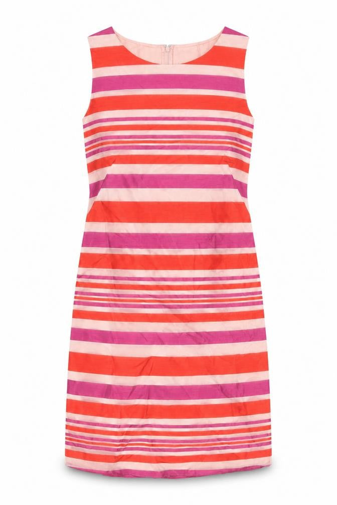 Front view of Principles women’s multicoloured striped polyester sheath, size UK 10, round neck zip